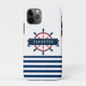 Nautical Boat Wheel, Navy Blue Stripes Case-Mate iPhone Case (Achterkant)