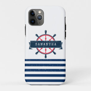 Nautical Boat Wheel, Navy Blue Stripes Case-Mate iPhone Case
