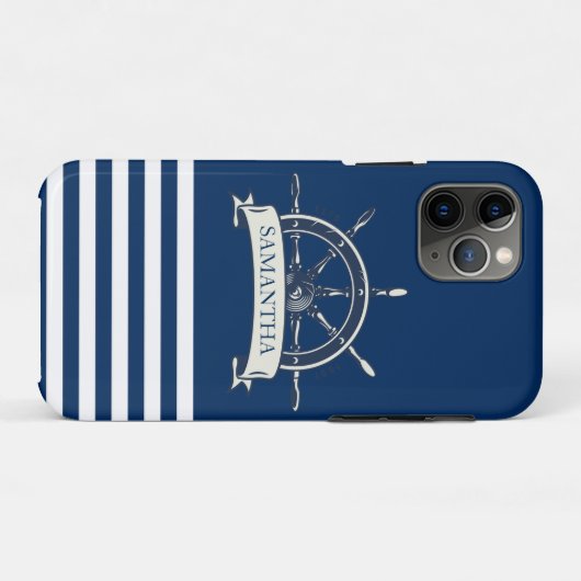 Nautical Boat Wheel, Navy Blue Stripes Case-Mate iPhone Case (Achterkant (horizontaal))