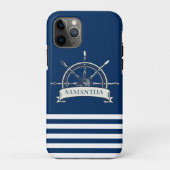 Nautical Boat Wheel, Navy Blue Stripes Case-Mate iPhone Case (Achterkant)