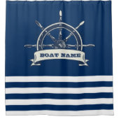 Nautical Boat Wheel, Navy Blue Stripes Douchegordijn (Voorkant)