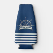 Nautical Boat Wheel, Navy Blue Stripes Flesjeskoeler (Voorkant)