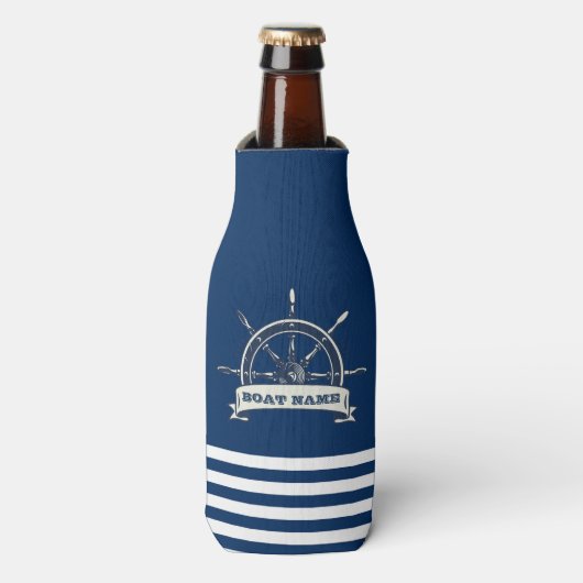 Nautical Boat Wheel, Navy Blue Stripes Flesjeskoeler (Fles Voorkant)
