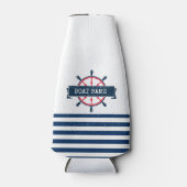 Nautical Boat Wheel, Navy Blue Stripes Flesjeskoeler (Voorkant)