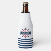 Nautical Boat Wheel, Navy Blue Stripes Flesjeskoeler (Fles Voorkant)