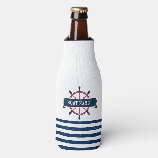Nautical Boat Wheel, Navy Blue Stripes Flesjeskoeler (Fles Voorkant)