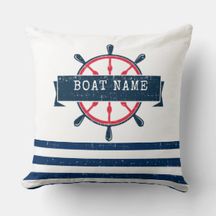 Nautical Boat Wheel, Navy Blue Stripes Kussen