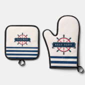 Nautical Boat Wheel, Navy Blue Stripes Ovenwant & Pannenlap Set (Voorkant)