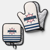 Nautical Boat Wheel, Navy Blue Stripes Ovenwant & Pannenlap Set (Voorkant / Achterkant)