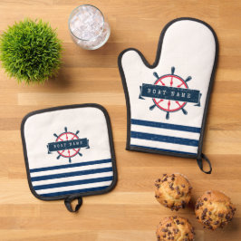 Nautical Boat Wheel, Navy Blue Stripes Ovenwant & Pannenlap Set