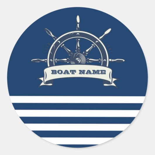 Nautical Boat Wheel, Navy Blue Stripes Ronde Sticker (Voorkant)
