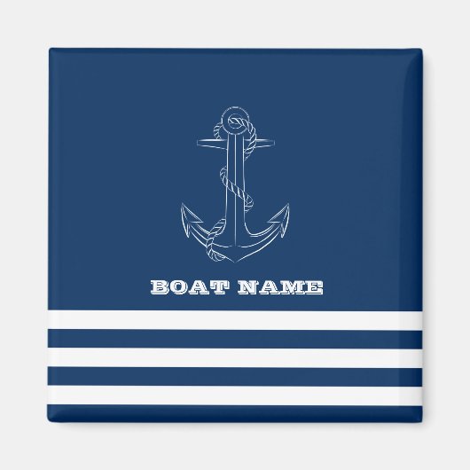 Nautical Boat Wheel, Navy Blue Stripes Sailor Magneet (Voorkant)