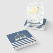 Nautical Boat Wheel, Navy Blue Stripes Stenen Onderzetter (Zijkant)