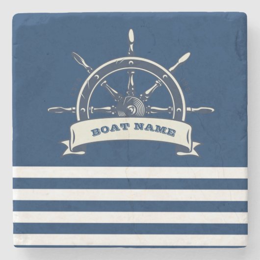 Nautical Boat Wheel, Navy Blue Stripes Stenen Onderzetter (Voorkant)