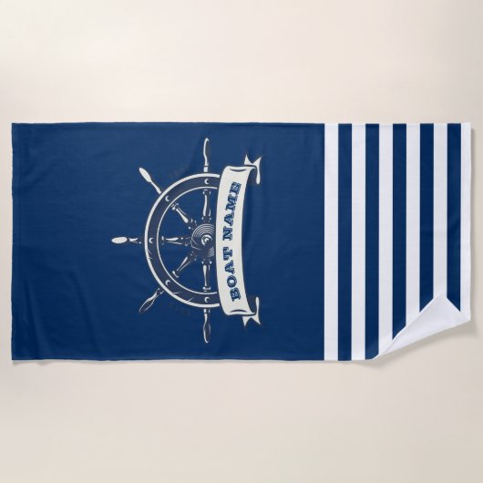Nautical Boat Wheel, Navy Blue Stripes Strandlaken (Voorkant)