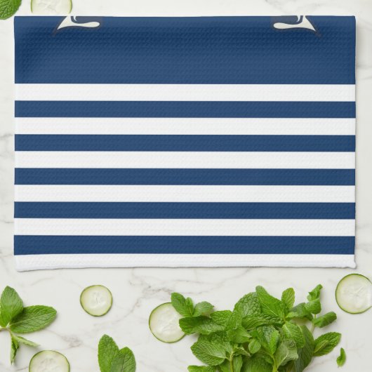 Nautical Boat Wheel, Navy Blue Stripes Theedoek (Gevouwen)