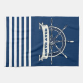 Nautical Boat Wheel, Navy Blue Stripes Theedoek (Horizontaal)