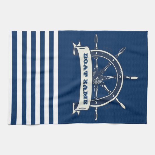 Nautical Boat Wheel, Navy Blue Stripes Theedoek (Horizontaal)