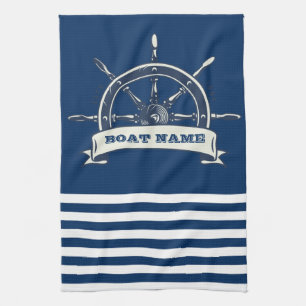 Nautical Boat Wheel, Navy Blue Stripes Theedoek
