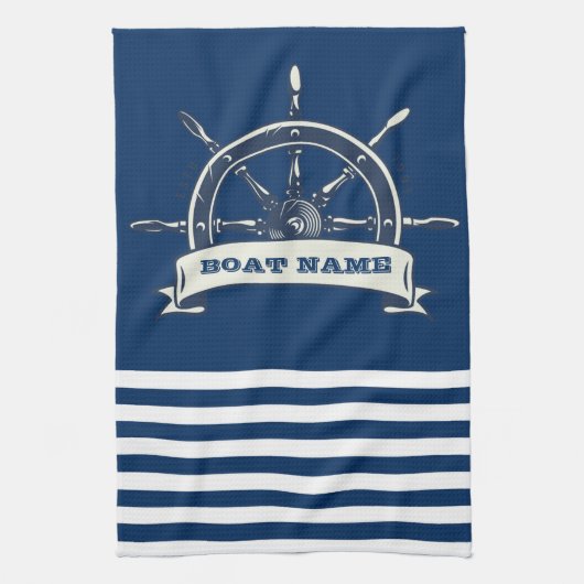 Nautical Boat Wheel, Navy Blue Stripes Theedoek (Verticaal)