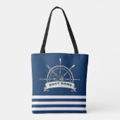 Nautical Boat Wheel, Navy Blue Stripes Tote Bag (Achterkant)