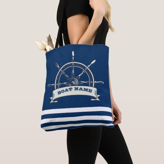 Nautical Boat Wheel, Navy Blue Stripes Tote Bag (Dichtbij)