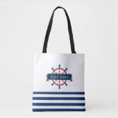Nautical Boat Wheel, Navy Blue Stripes Tote Bag (Voorkant)
