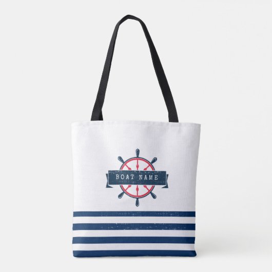 Nautical Boat Wheel, Navy Blue Stripes Tote Bag (Achterkant)