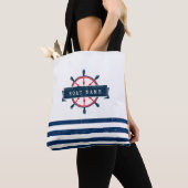 Nautical Boat Wheel, Navy Blue Stripes Tote Bag (Dichtbij)