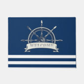 Nautical Boat Wheel, Navy Blue Stripes Welcome Deurmat (Voorkant)