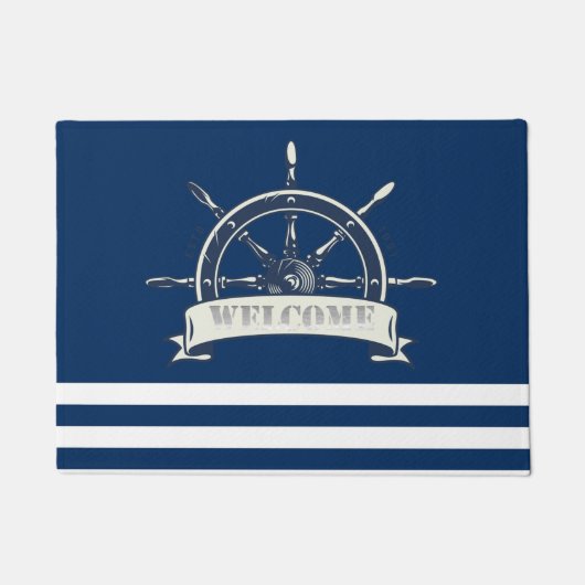 Nautical Boat Wheel, Navy Blue Stripes Welcome Deurmat (Voorkant)