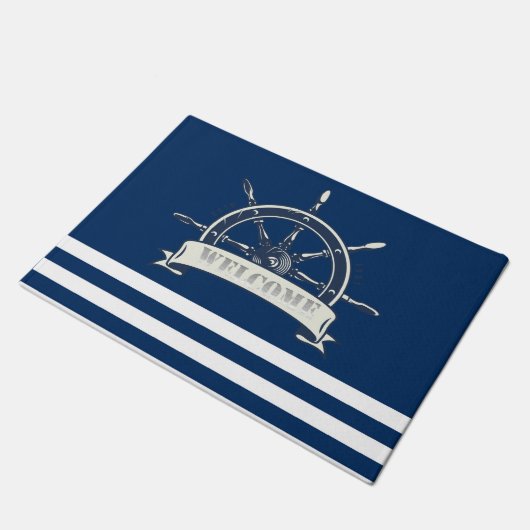 Nautical Boat Wheel, Navy Blue Stripes Welcome Deurmat (Schuin)