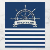 Nautical Boat Wheel, Navy Blue Stripes Wijn Etiket (Enkel label)