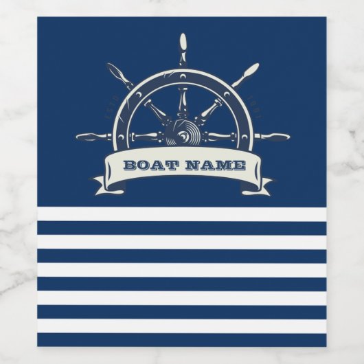 Nautical Boat Wheel, Navy Blue Stripes Wijn Etiket (Enkel label)