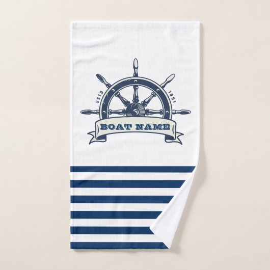 Nautical Boat Wheel, Navy Blue White Stripes Bad Handdoek (Handdoek)