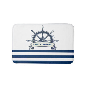 Nautical Boat Wheel, Navy Blue White Stripes Badmat