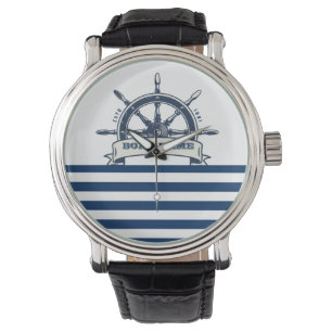 Nautical Boat Wheel, Navy Blue White Stripes Horloge