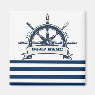 Nautical Boat Wheel, Navy Blue White Stripes Magneet