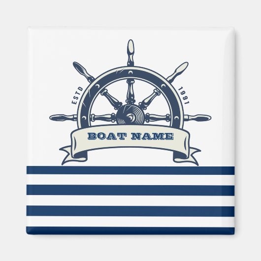 Nautical Boat Wheel, Navy Blue White Stripes Magneet (Voorkant)