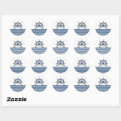 Nautical Boat Wheel, Navy Blue White Stripes Ronde Sticker (Vel)