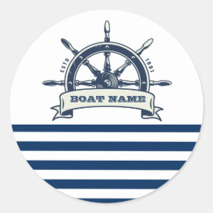Nautical Boat Wheel, Navy Blue White Stripes Ronde Sticker