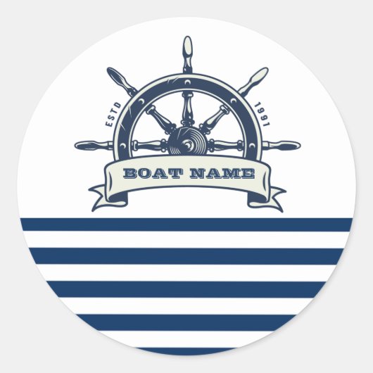 Nautical Boat Wheel, Navy Blue White Stripes Ronde Sticker (Voorkant)