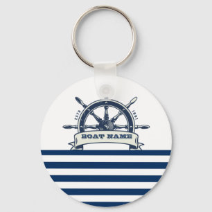Nautical Boat Wheel, Navy Blue White Stripes Sleutelhanger