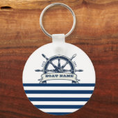 Nautical Boat Wheel, Navy Blue White Stripes Sleutelhanger (Voorkant)