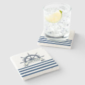 Nautical Boat Wheel, Navy Blue White Stripes Stenen Onderzetter (Zijkant)