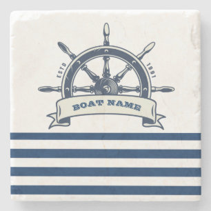 Nautical Boat Wheel, Navy Blue White Stripes Stenen Onderzetter