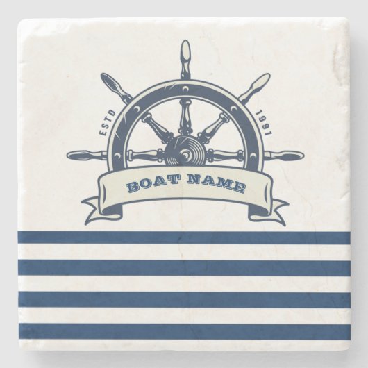 Nautical Boat Wheel, Navy Blue White Stripes Stenen Onderzetter (Voorkant)
