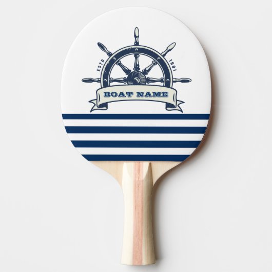 Nautical Boat Wheel, Navy Blue White Stripes Tafeltennisbatje (Voorkant)
