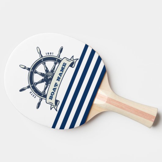 Nautical Boat Wheel, Navy Blue White Stripes Tafeltennisbatje (Zijkant)