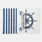 Nautical Boat Wheel, Navy Blue White Stripes Theedoek (Horizontaal)